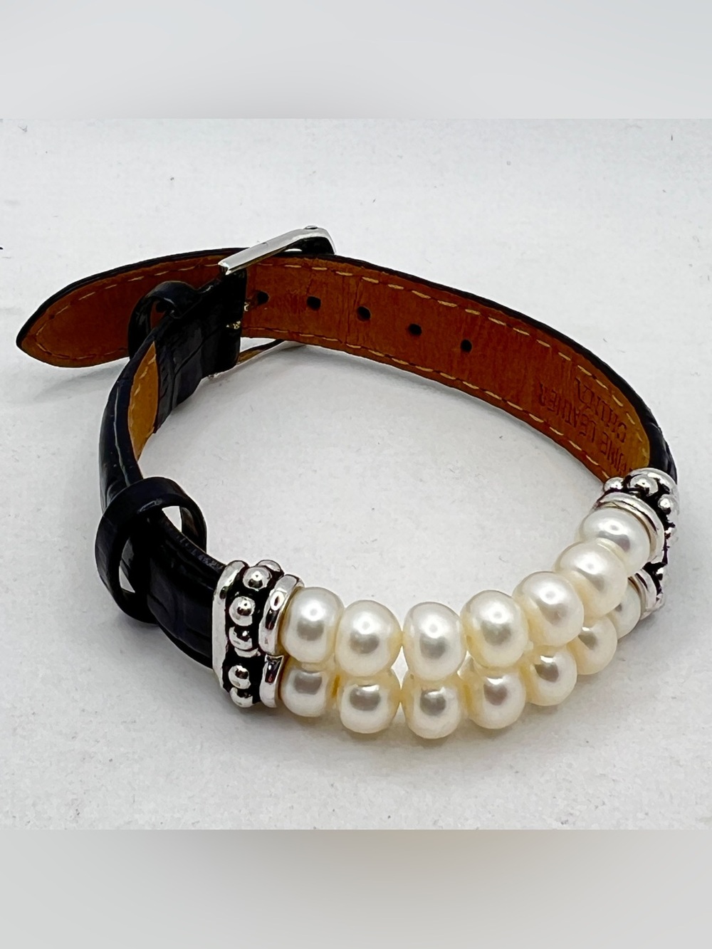 Honora Black Leather Bracelet with White Pearls and Silver Accents